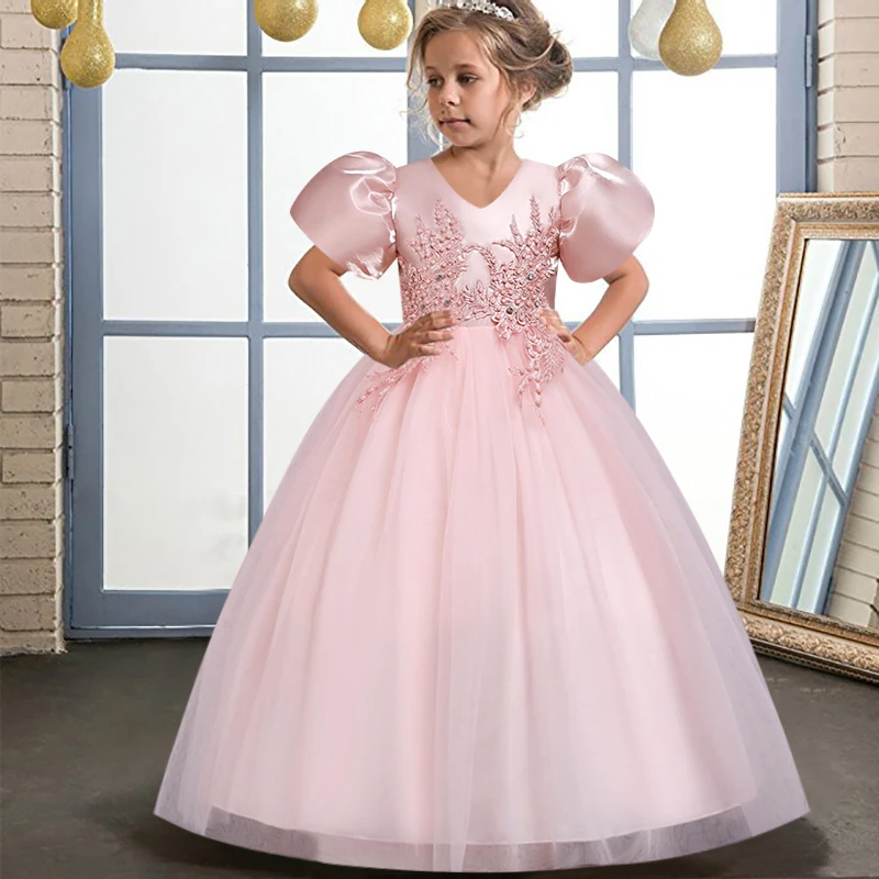 Girls' Satin Formal Wedding Beaded Bubble Sleeve Spinning Long Dress Princess Prom Party Evening Dress 3-10T