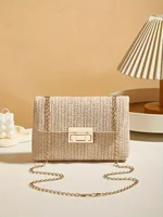 Woven Straw Handwoven Women’s Shoulder Bag, Fashion Solid Color Crossbody Purse with Lock Closure
