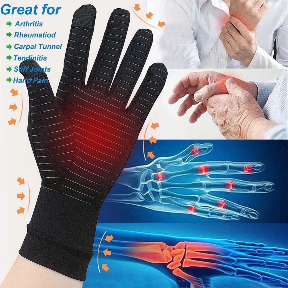 1Pair Full Finger Copper Arthritis Compression Gloves with Touchscreen Tips for Men Women Hand Pain Relief, Tendonitis, Swelling