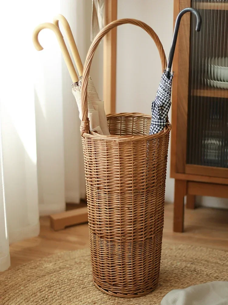 Creative Rattan Umbrella Storage Basket With Handle Japanese Style Home Decor Wicker Weaving Storage Basket Sundries Organizer