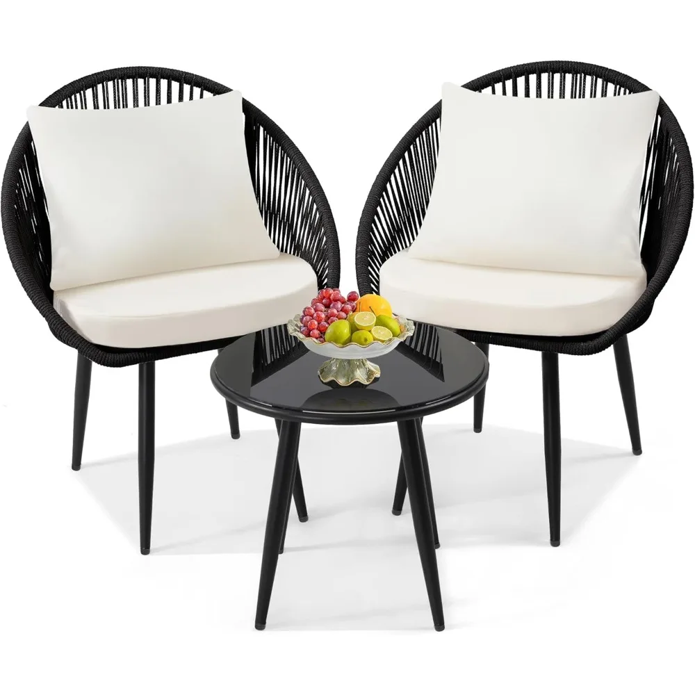 All-Weather Woven Rope Chair Bistro Set with Cushions and Side Table for Outdoor Decks and Balconies