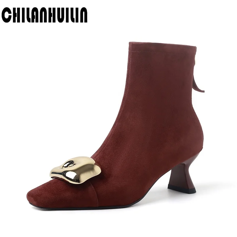 

women boots high heels kid- suede ankle boots autumn winter fashion metal buckle pointed toes heels women spike heel women shoes