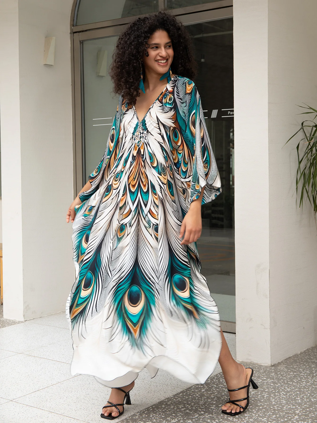 Plus Size Kaftan Dress for Women Hawaiian Batwing Sleeve Beach Cover Up Summer Swimsuit Dresses 2