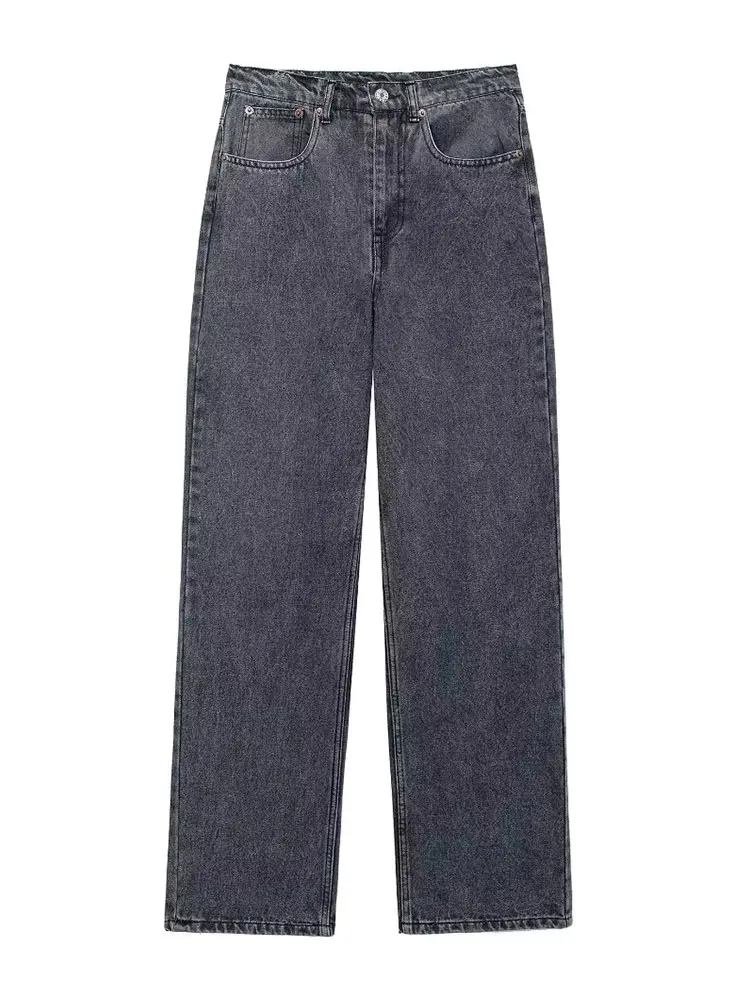 HH Women Fashion Broken Holes Decorated Denim Pant Jeans High Waist Zipper Trousers Vintage High Street Lady Wide leg Jeans