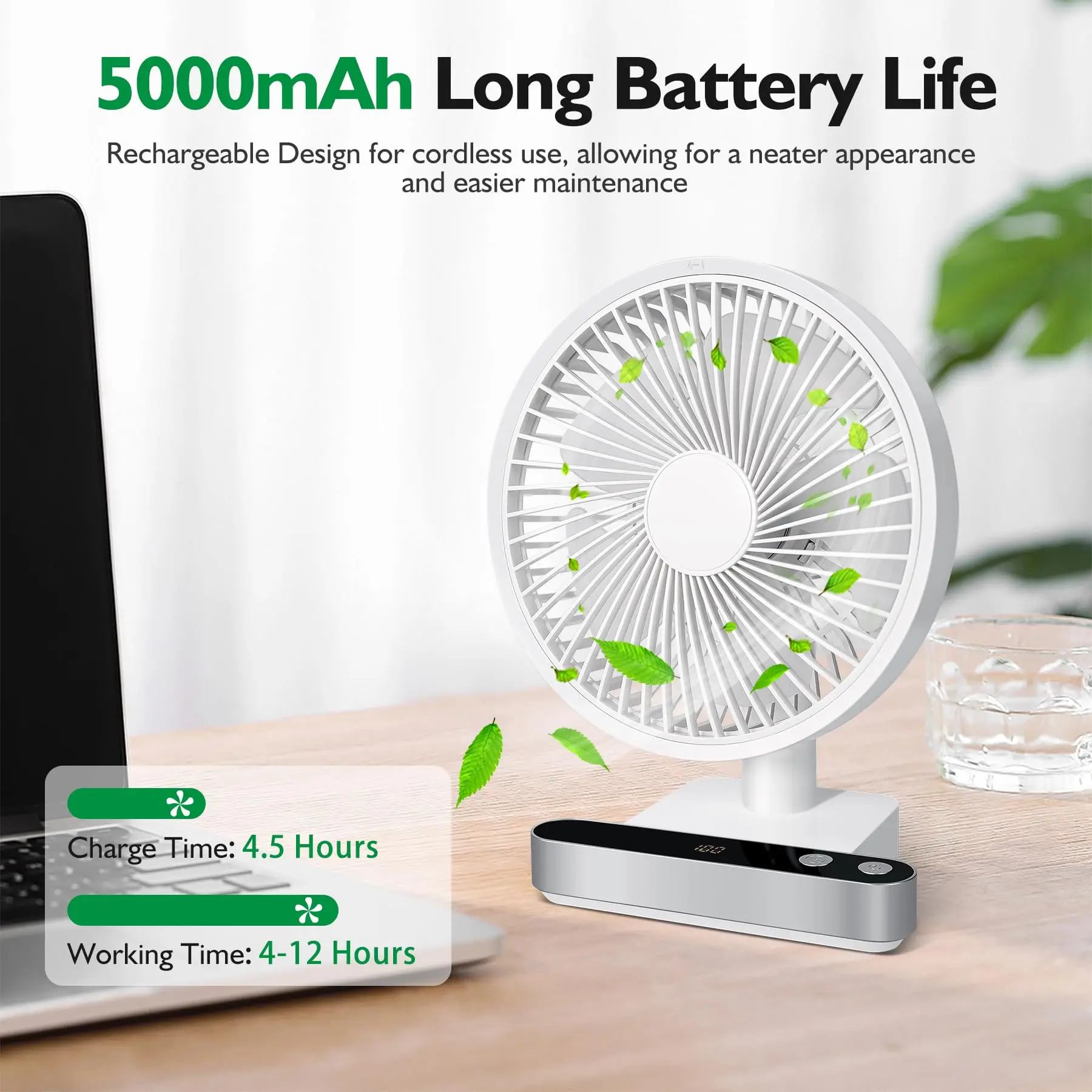 Oscillating Desk Fan 4000mAh Battery Powered & USB Rechargeable Small Personal Fan Quiet Table Fan Portable Fan 4 Speed with LED 3