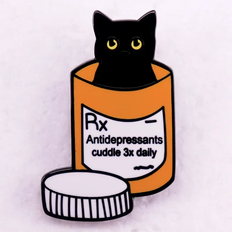 

Black Cat Medicine Bottle Hard Enamel Pin Antidepressant Medical Prescription Badge Humor Nurse Gift Brooch Jewelry Accessory
