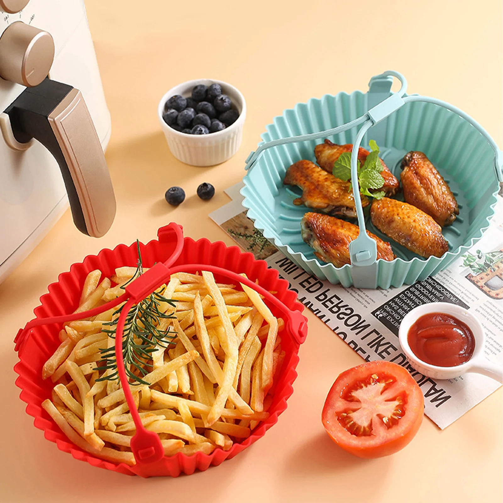 Reusable Air Fryer Baking Tray Silicone Airfryer Liner Oven Mat with Handle Basket Pizza Fried Chicken Grill Pan Mat For Kitchen