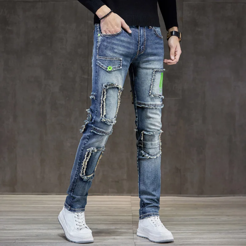 

2024New American High Street Jeans Men's Locomotive Style Fashion Personality Slim Fit Patchwork Stitching Trousers
