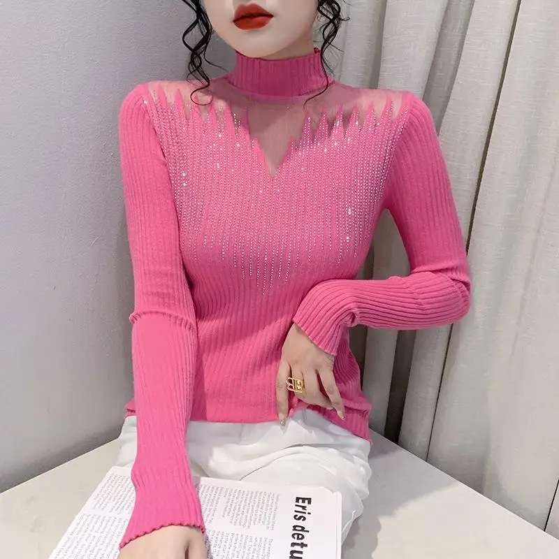 

Autumn and Winter 2022 New Sexy Hollow out Mesh Splice Knitwear High Collar Top Diamond Inlaid Undercoat Long Sleeve Sweater Lux