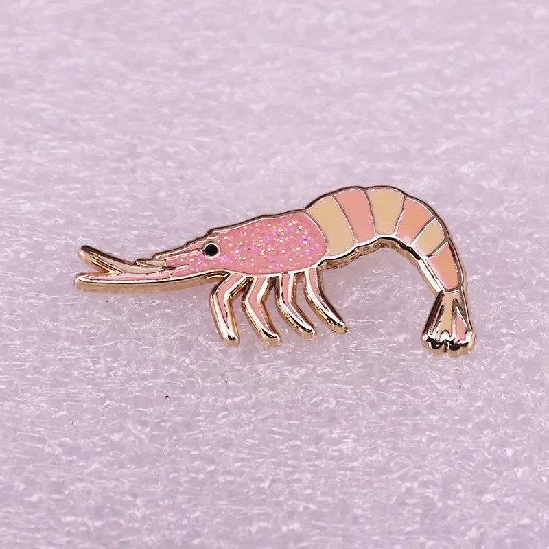 Novelty Glitter Shrimp Hard Enamel Pins Animal Lapel Pins Badge Brooch for Jewelry Accessory Wholesale