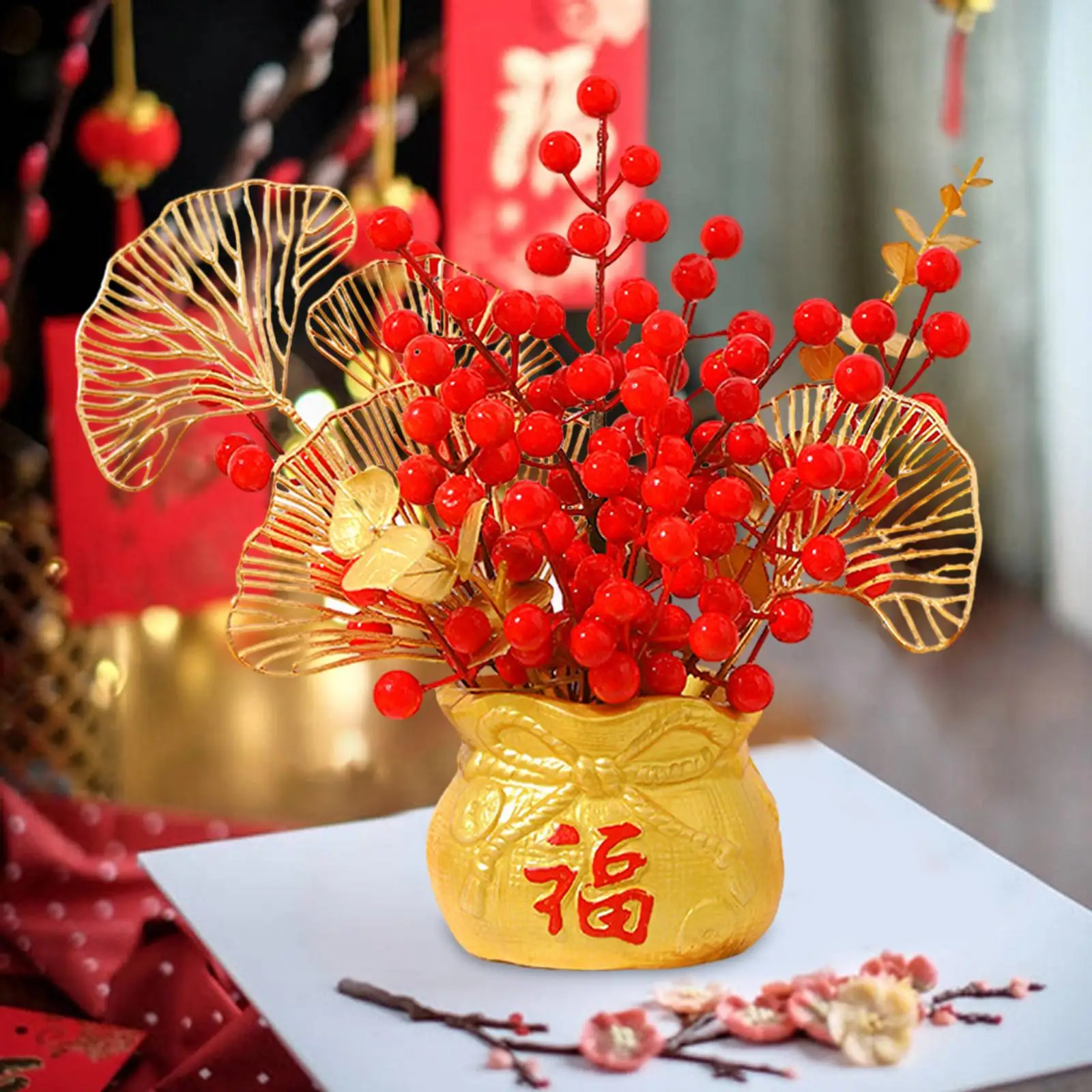 Chinese Spring Festival Purse Vase Feng Shui Ornament Decorative Red Artificial Berries Traditional for Desktop Decor