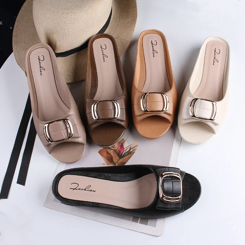 

Shoes For Women 2023 Summer Platform PU Leather Round Toe Slip-on Fashion Elegant Concise Square Buckle Casual Sandals Sapatos