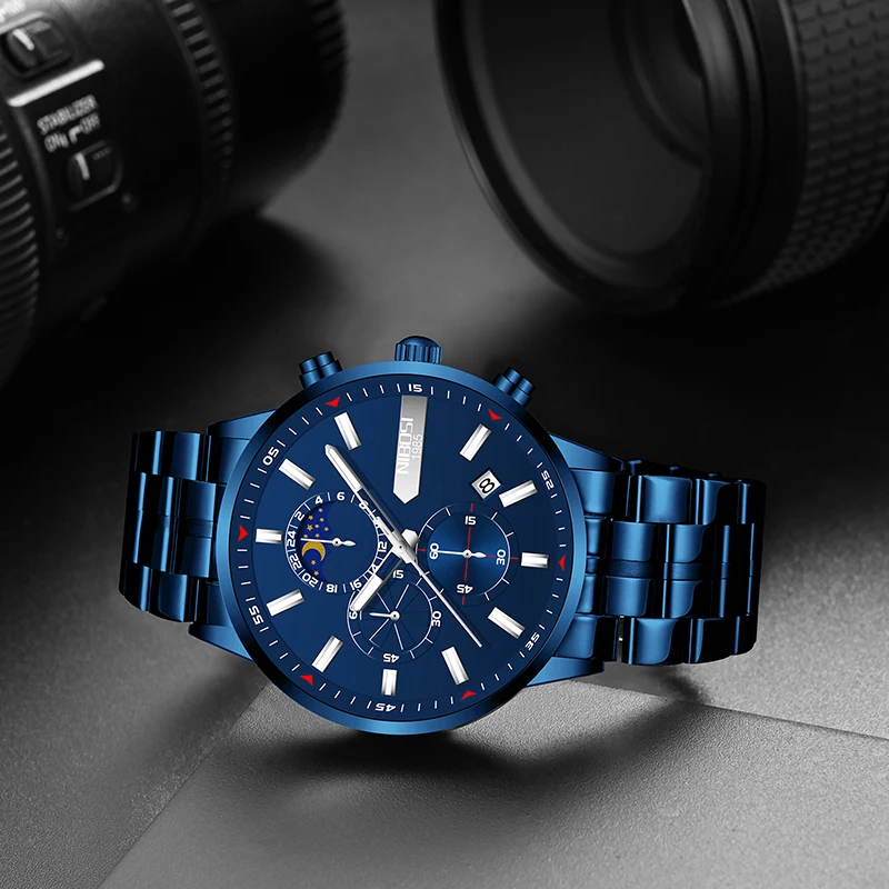 NIBOSI Blue Watches for Men Top Brand Luxury Chronograph Luminous Quartz Watch Fashion Waterproof Stainless Steel Wristwatch