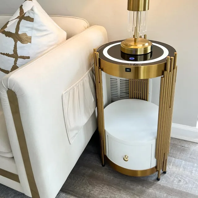 Gold Led Smart Round Nightstand End Table with Drawer 1