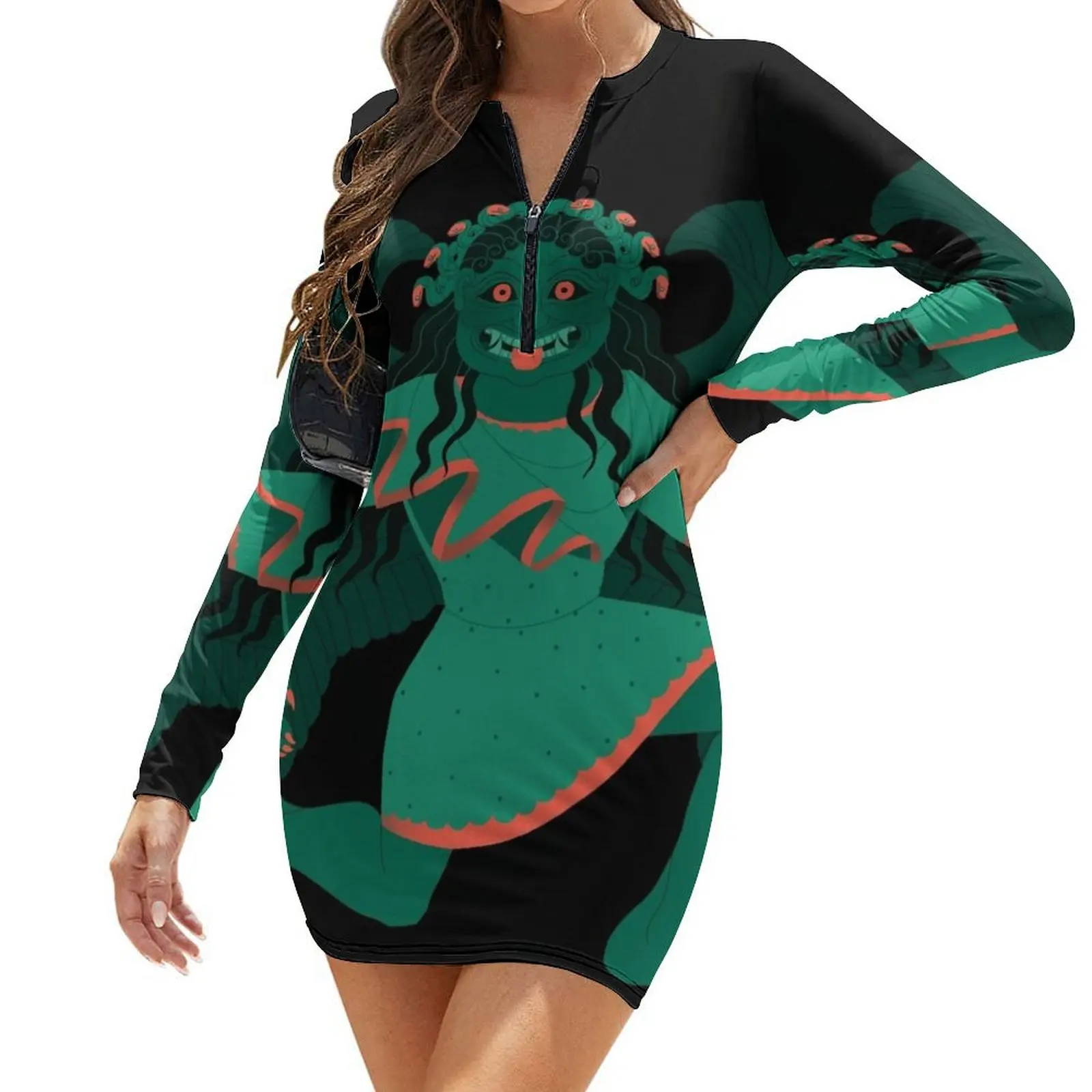 

Archaic Gorgon - Green Long-Sleeve Bodycon Dress Women's summer long dress Women's summer suit sensual sexy dress for women