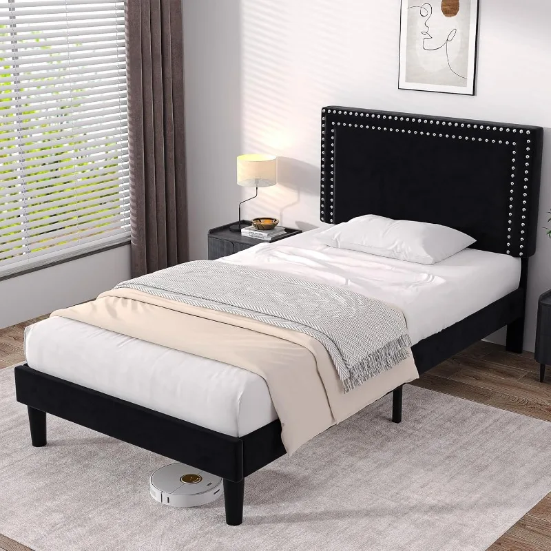 Double size platform bed frame adjustable cushioned headboard, sturdy wooden strip support, easy to assemble 5