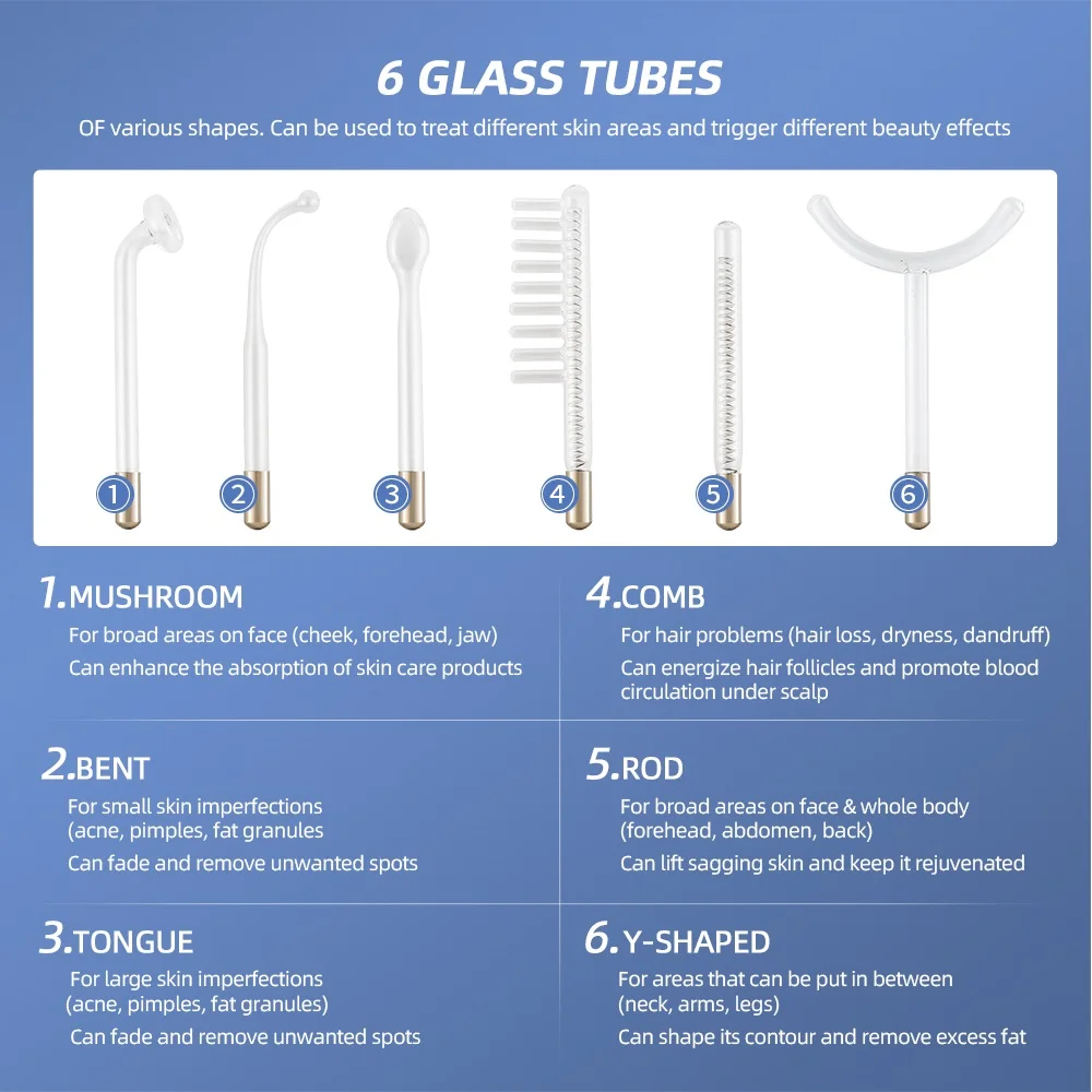 6 IN 1 High Frequency Facial Machine Purple/Orange Light Electrode Wand Hair Regrowth Treatment Comb Ance Remover Anti-Wrinkle