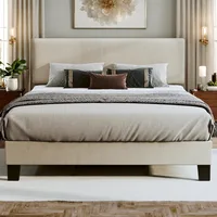 Bed Frame Upholstered Bed Frame Platform with Adjustable Headboard Linen Fabric Headboard Wooden Slats Support 1