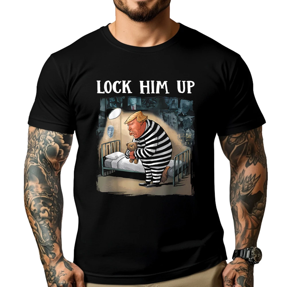 Lock Him Up Anti Trump Leisure Christmas Premium Cotton Crew Neck Female Tops Tees Funny Tshirts Family Short Sleeve T-Shirt Lock Him Up Anti Trump 2024 Funny Jail Trump For Prison