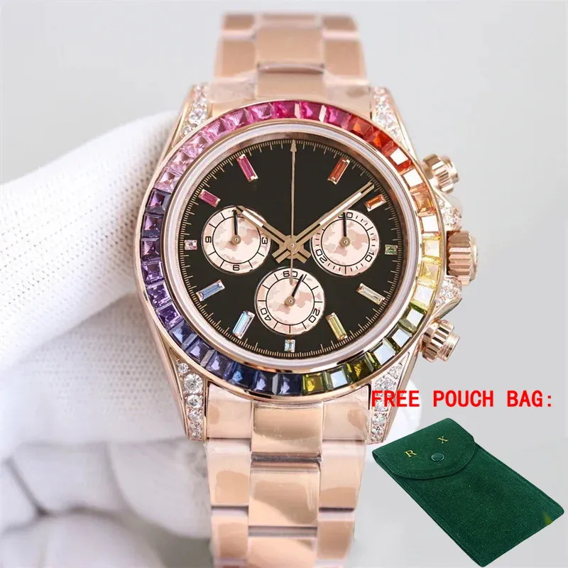 

Luxury Men's Automatic Mechanical Movement Watch Stainless Steel Diamonds Yellow Gold Rose Rainbow WristWatch