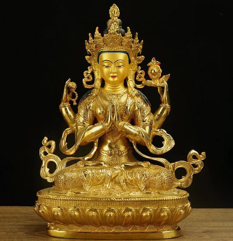 8" Chenrezig Kwan-yin 4 arms guanyin Divinity Buddha Statue pure Bronze gilt & 2