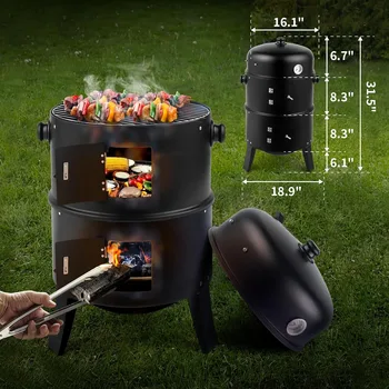 16 Inch Charcoal BBQ Smoker Grill,3-in-1 Portable Vertical Grill Cooker with Built-in Thermometers & Adjustable Vent Systems 3