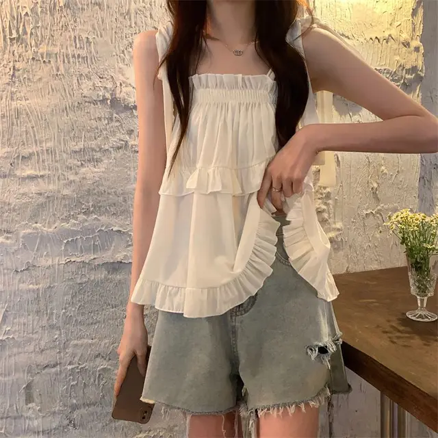Ruffles Shirts and Blouses Korea Style Solid Fashion Woman Blouse 2025 Spaghetti Strap Top Women Summer Slash Neck Clothes New 1