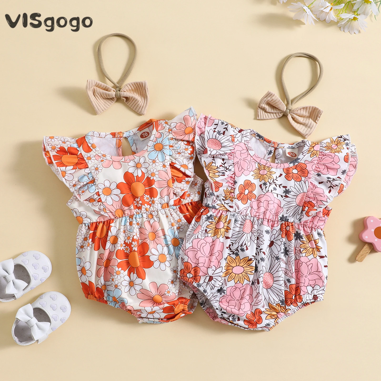 

VISgogo Baby Girls Romper Set Sweet Baby Summer Clothing Flower Print Fly Sleeve Crew Neck Romper with Bowknot Headband Outfit