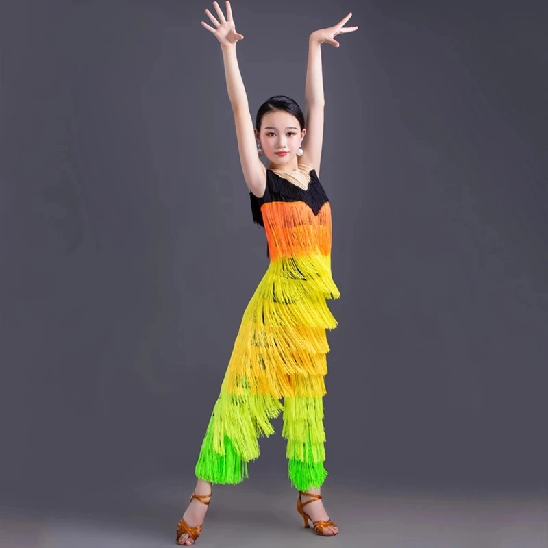 

Детская латинская одежда, разноцветные брюки с кисточками, цельнокроеные женские тренировочные латинские платья для выступлений