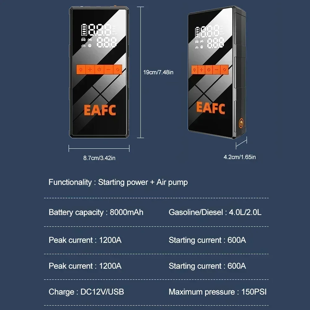 EAFC Portable Car Jump Starter With Tire Inflator LCD Screen 1200A Booster Charger Car Battery Starting Devi 150PSI Air Pump