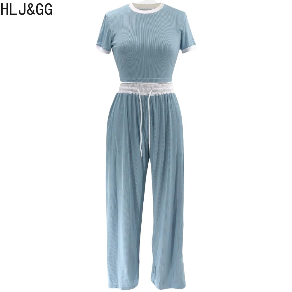 HLJ&GG Spring New Color Splicing Drawstring Pants Two Piece Sets Women Round Neck Short Sleeve Crop Top + Pants Outfits Clothing
