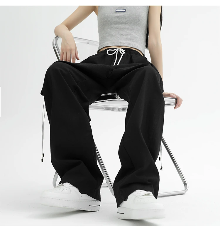 

Women Spring Retro Solid Loose Drawstring Trousers Casual Joggers Baggy Wide Leg Sweatpants Mid Waist Sporty Y2k Female Clothes