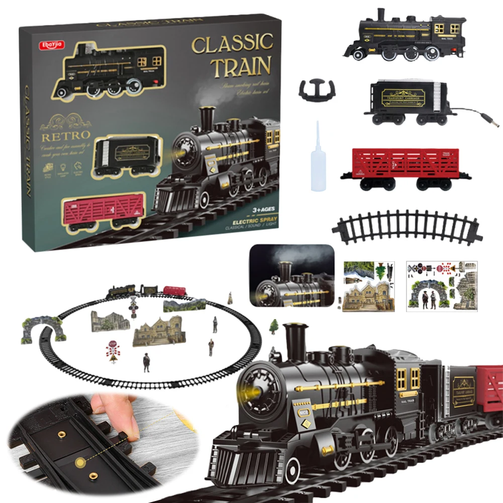 Electric Train Set with Steam Lights Vintage Carriages Railway Track Model Trains Toys Birthday Christmas Gifts for Boys Girls