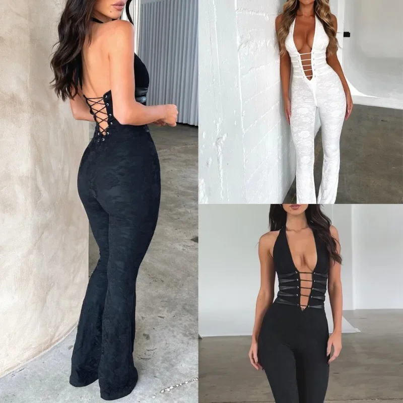 Women's Deep V-neck Sexy Spicy Girl Jumpsuit Lace Up Open Back Jumpsuit Off Shoulder Sportswear Long Horn Pants 2024 New YDL17