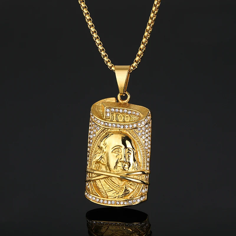 Hip Hop Bling Iced Out Acciaio Inossidabile $100 Collana Con Ciondoli Franklin Per Uomo Rapper Jewelry Color Oro