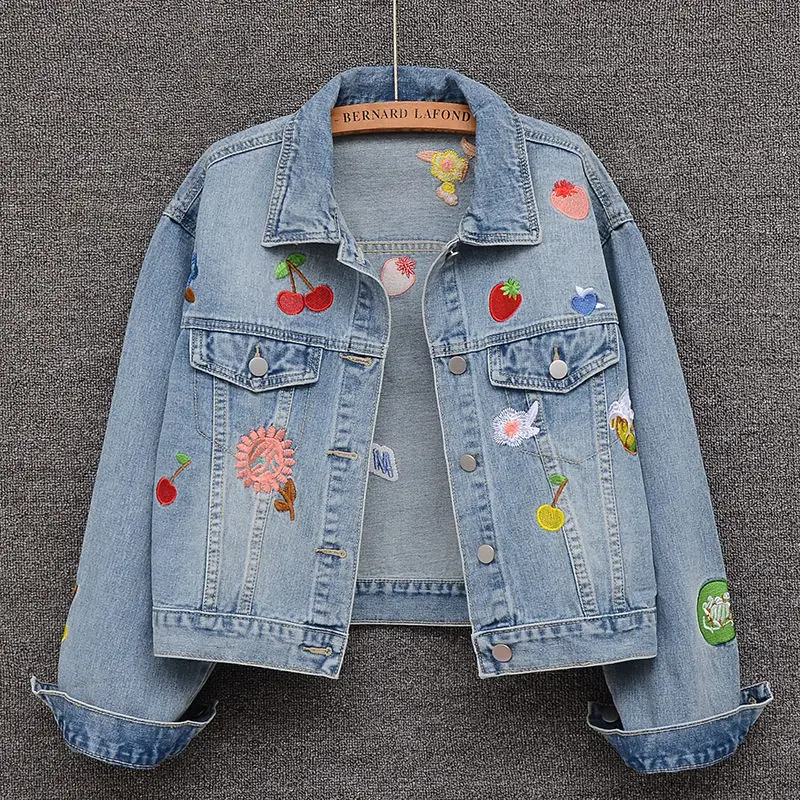 

Fashion Heavy Industry Strawberry Embroidered Denim Jacket Women's Spring Autumn 2023 Loose Korean Button Beautiful Joker Street