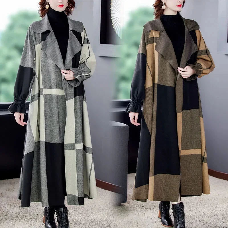 

Windcoat Female 2023 Autumn Clothes New Loose Temperament Middle-Aged Mother Long Style Plaid Wool Coat Female Coat Commuting X1