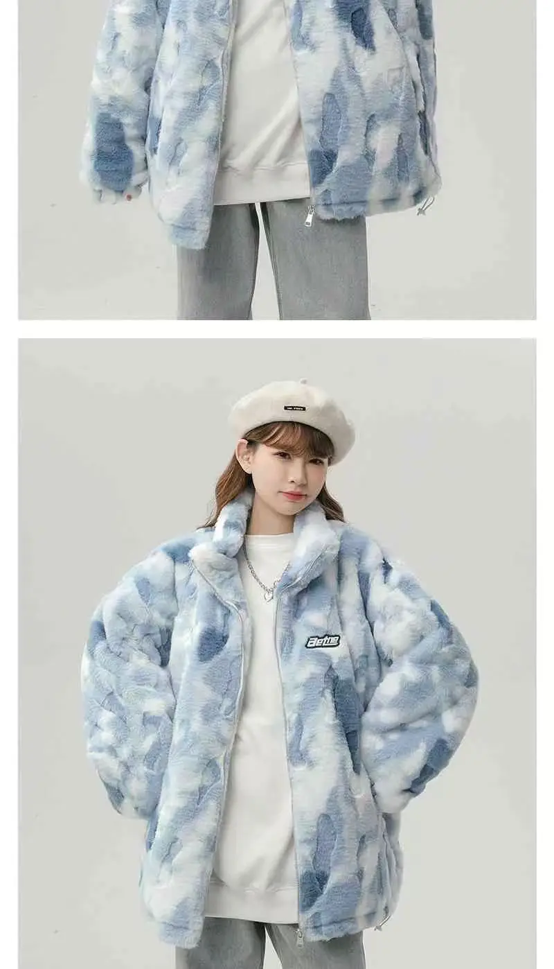 Tie dye Lamb wool Coat 2025 New Winter Trendy Student Cotton Jacket Thicken Loose Stand collar Coats Female Warm Parka Overcoat