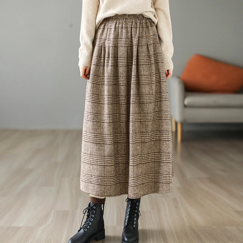 

NINI WONDERLAND 2022 Autumn Plaid Casual Skirt Women's Elastic Waist Checked Loose A-line Skirt Female Vintage Skirts Spring