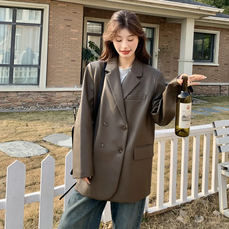미국 빈티지 가죽 코트 블레이저 여성 2024 봄과 가을 새로운 하이 센스 튀긴 거리 느슨한 캐주얼 PU 가죽 세트