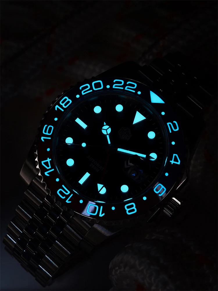 San Martin GMT luksusowy męski zegarek bransoletka jubileuszowa dwukierunkowa ceramiczna ramka szkiełka zegarka szafirowy cyklop wodoodporny 20Bar BGW-9 świecący