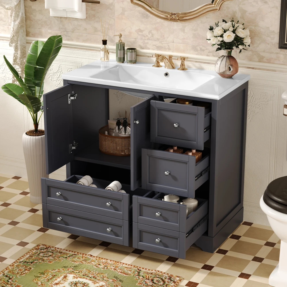36inch Bathroom Vanity with Sink,  Solid Wood Freestanding Bathroom Vanities with 4 Storage Drawers and Shelf, Soft Closing 2