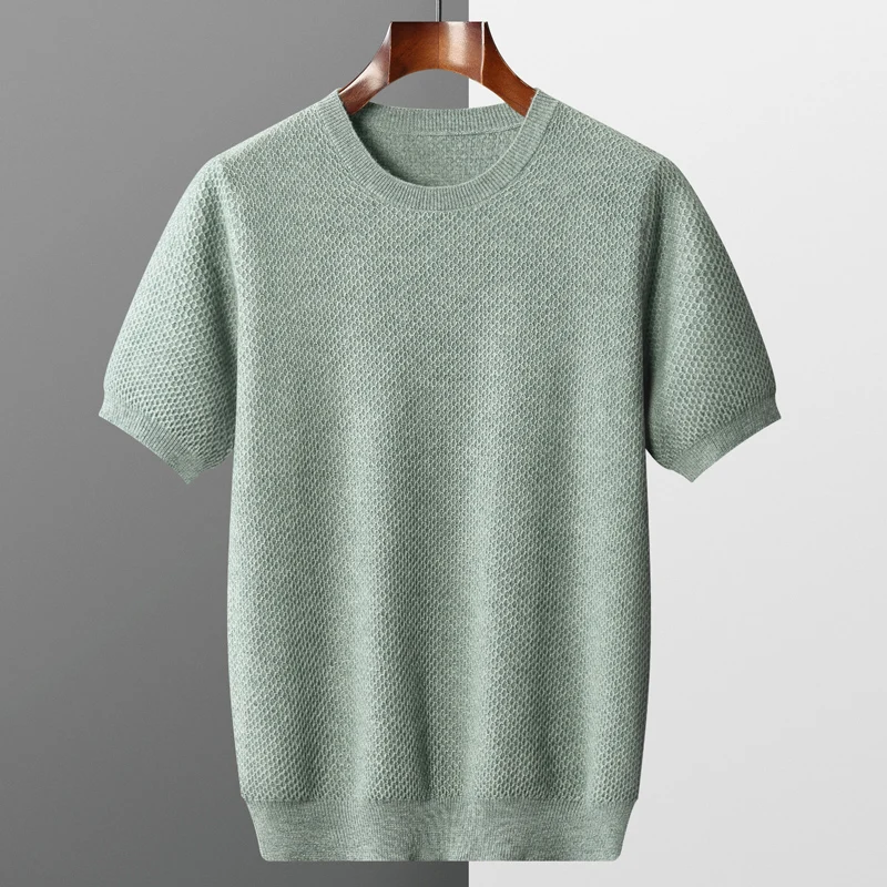 

Summer 100% Pure Cashmere Sweater Men's O-Neck T-Shirt Pullover Cashmere Honeycomb Needle Sweater Business Short-Sleeved Shirt