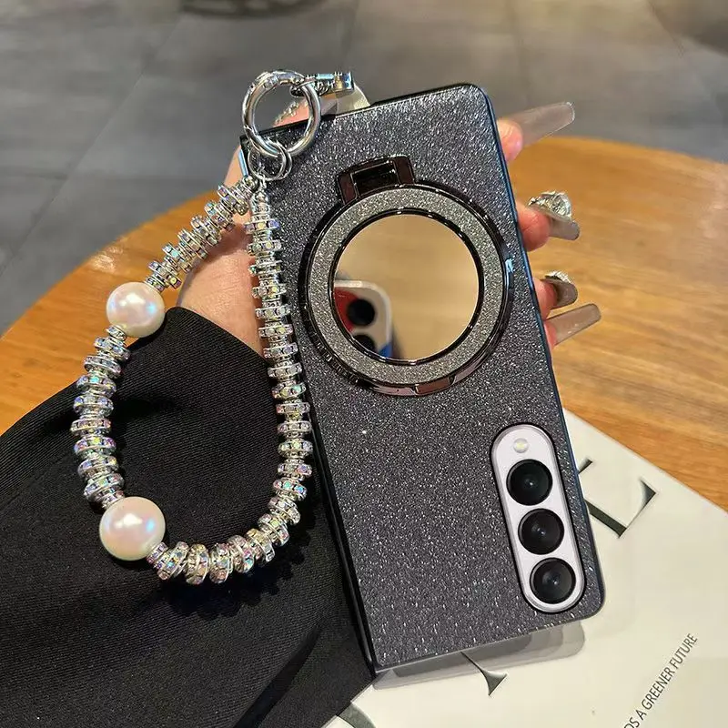 Luxuriöse Glitzer-Spiegelhalterung für Samsung Galaxy Z Fold 6 Z Fold 5 ZFold 4 ZFold 3 Mädchen Bling Perlenarmbandhülle_voghion.com