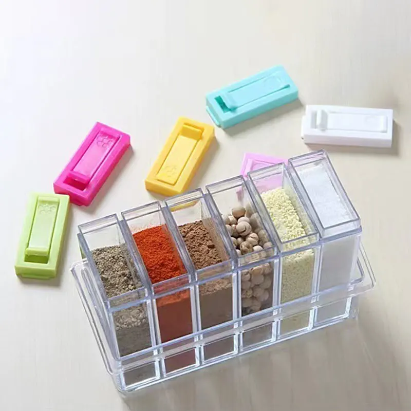 Clear six-compartment seasoning box Kitchen items Salt MSG Pepper Classified storage container seasoning jar salt shaker spices bottle salt pepper shakers salt pepper grinder