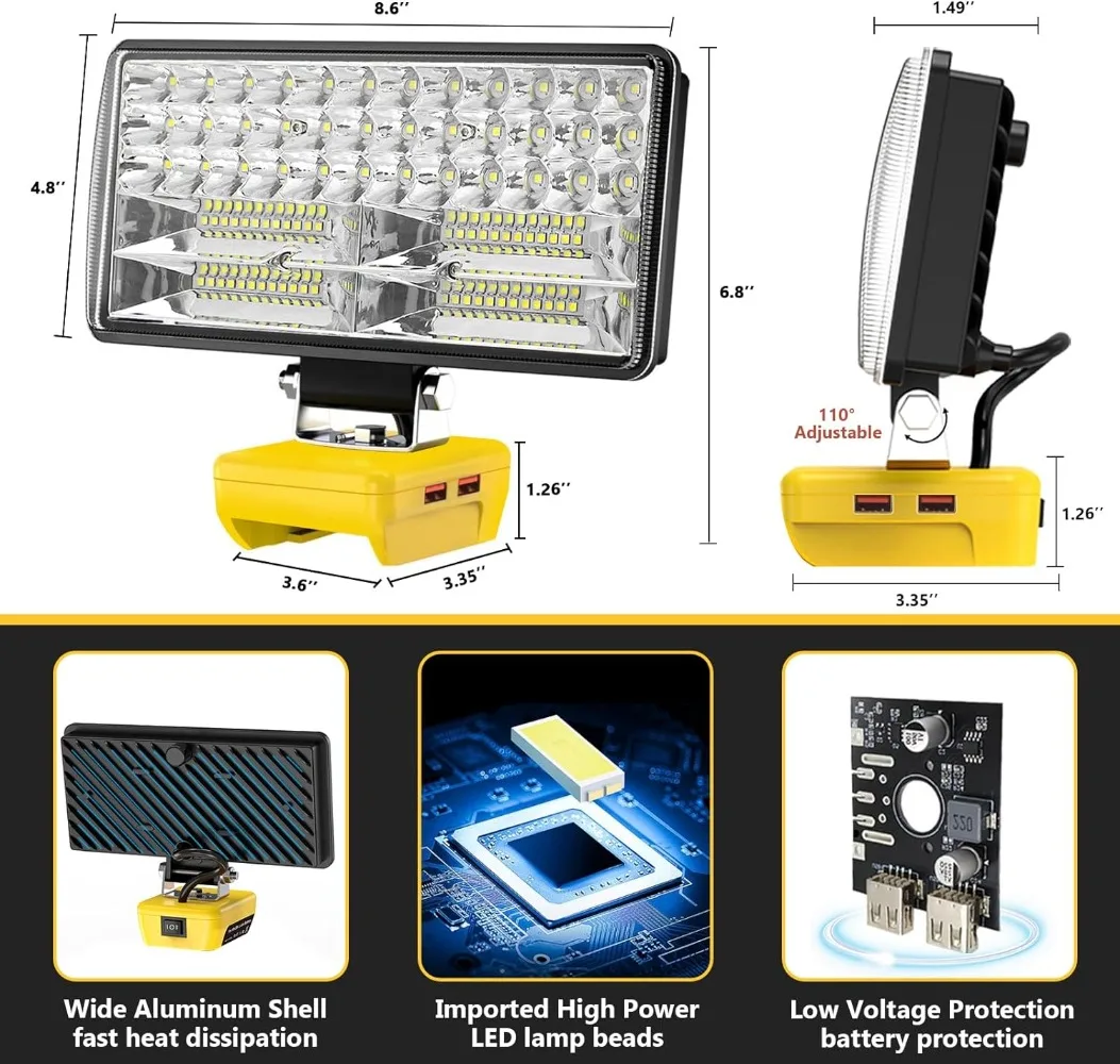  LED ۾, ޴ , LED  , DeWalt 20V ͸ ȣȯ , 2  , 2.1A USB, 6000 LM, 38W