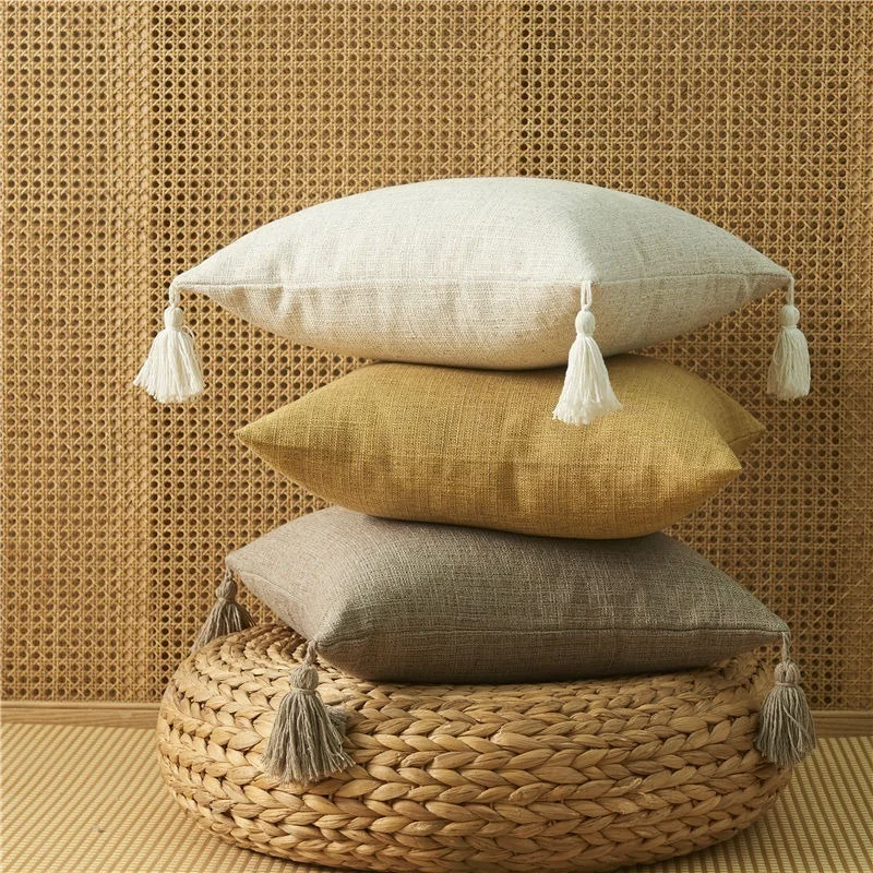 Solid Plain Linen Cotton Pillow Cover with Tassels Yellow Beige Home Decor Cushion Cover 45x45cm Pillow Case Sofa Throw Pillow