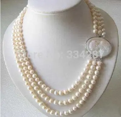 

Genuine 3 Rows 7-8MM Freshwater pearl Necklace Cameo Clasp