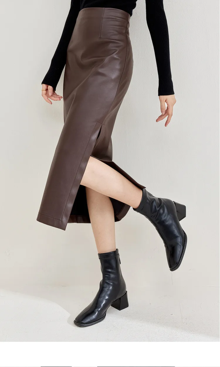 PU Vegan Leather Skirt coffee  Women’s luxury fall autumn Elegant high rise waist slit slim straight fit Lady temperament midi skirts for woman in brown Womens faux cowhide fashion 133Q50358