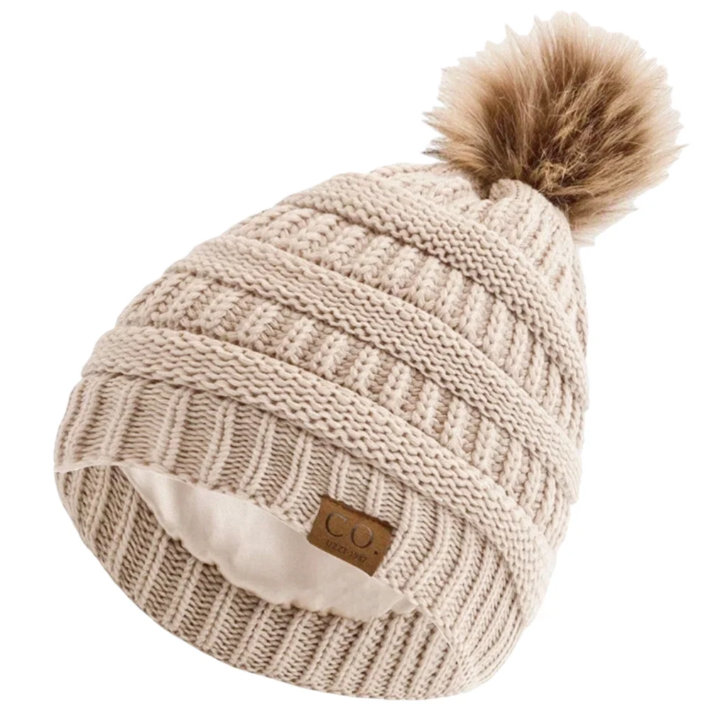 New Fashion Anti-Static Winter Hat Satin Thermal Faux Fur Pompoms Beanies Hat Women Girl Outdoor Chic Hats